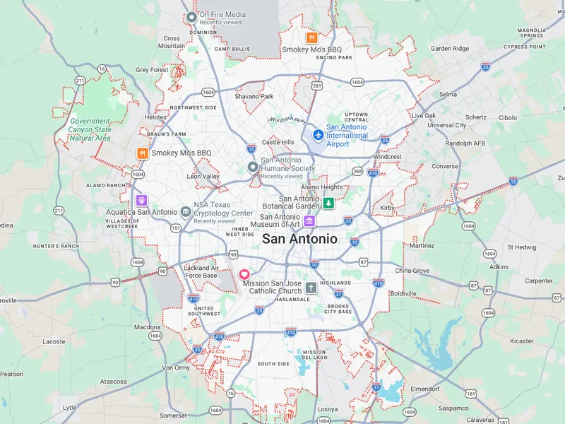 Map of San Antonio and surrounding areas served by Example Company